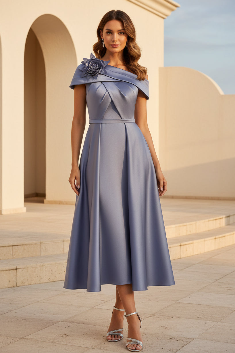 One-Shoulder Satin A-Line Tea-Length Dress
