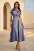 One-Shoulder Satin A-Line Tea-Length Dress