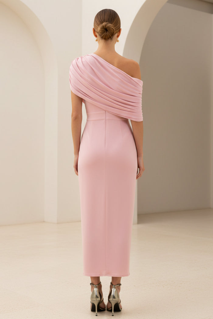 Elegant One-Shoulder Ruched Midi Dress