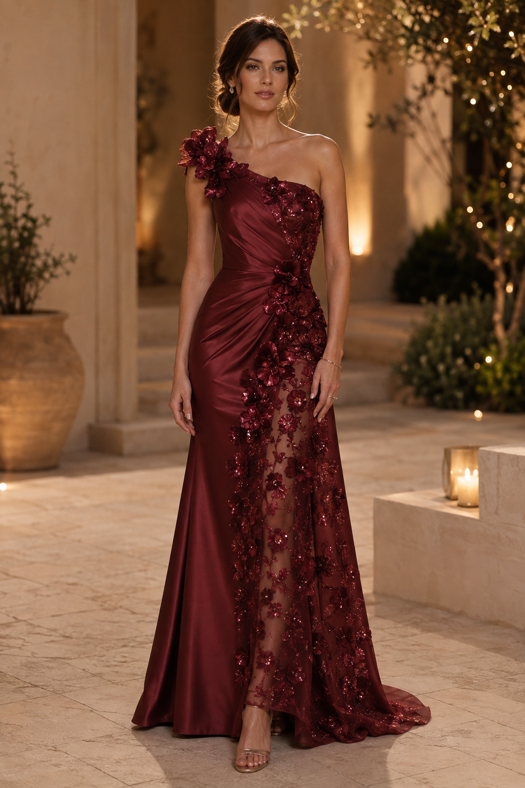 One-Shoulder Floral Applique Satin Gown