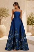 Strapless Floral Embroidered Satin A-Line Evening Gown