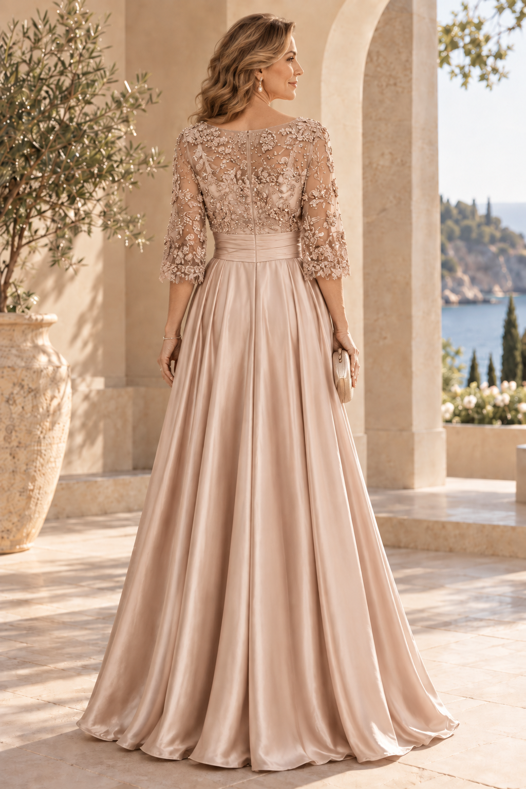 Floral Applique A-Line Gown with 3/4 Sleeves