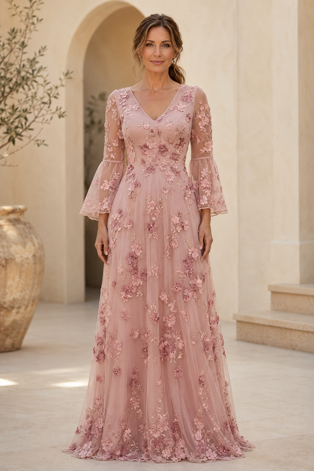 3D Floral Applique A-Line Gown with Bell Sleeves