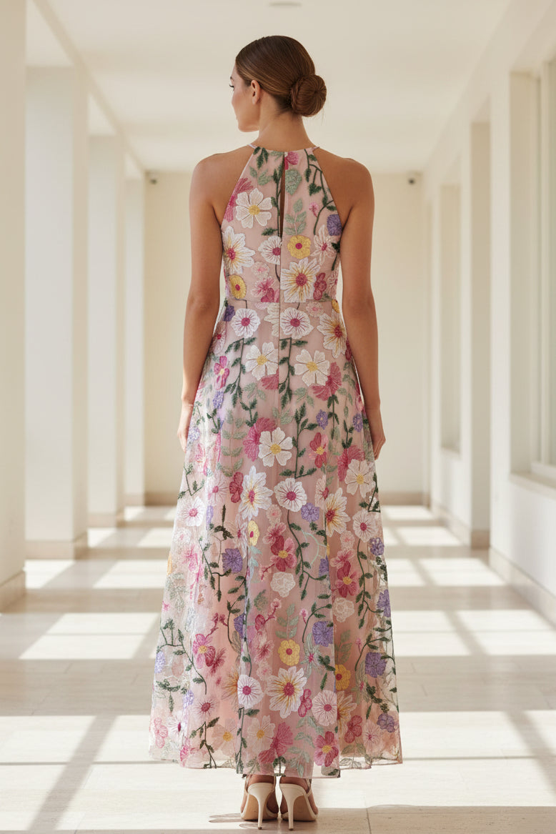 Embroidered Floral Halter Neck A-Line Maxi Dress