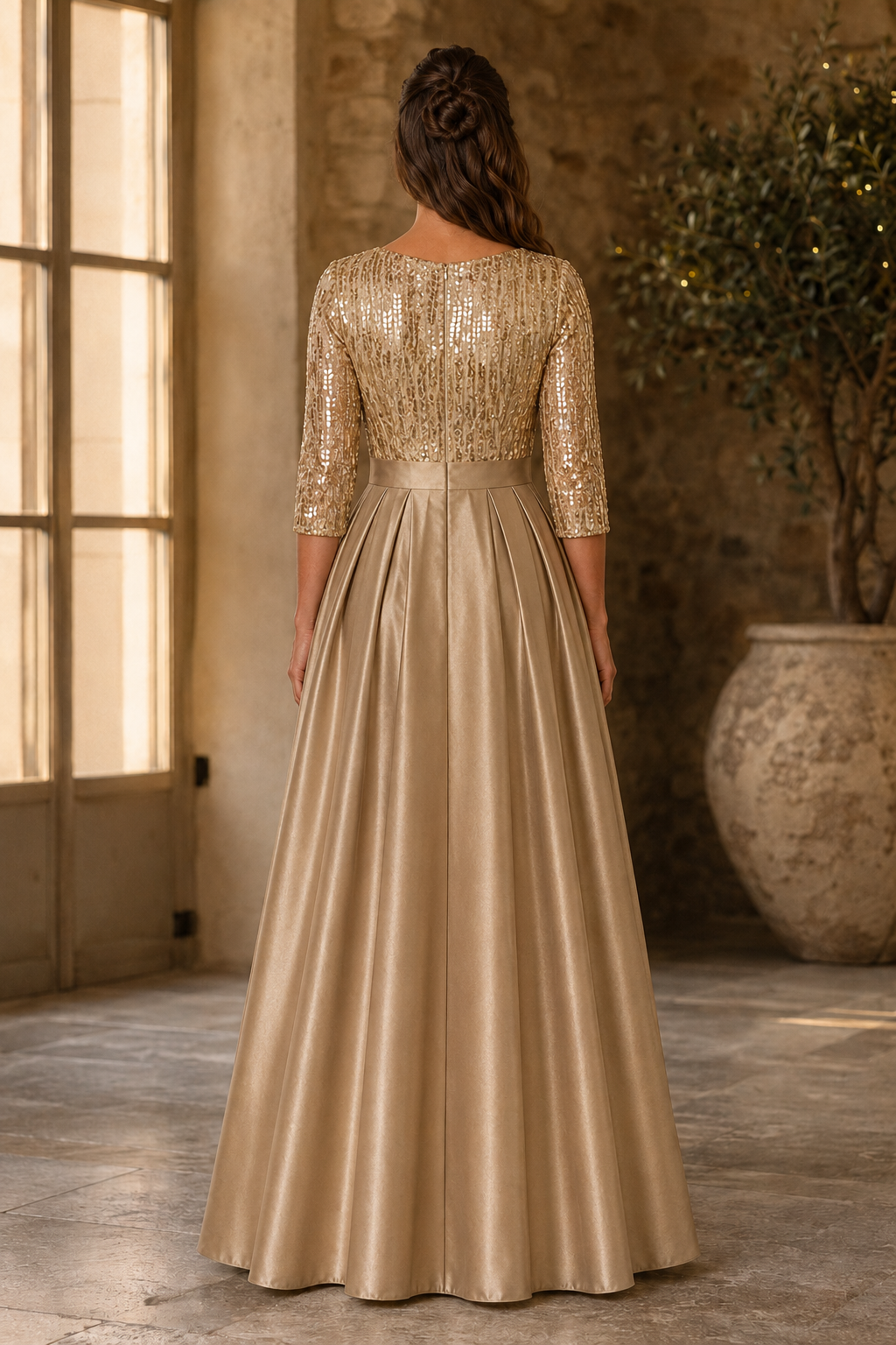 Sequin Bodice Pleated A-Line Gown with 3/4 Sleeves