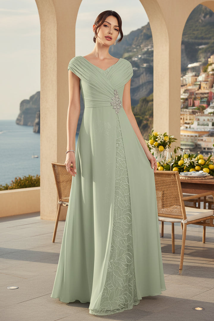 V-Neck Pleated Chiffon A-Line Evening Dress