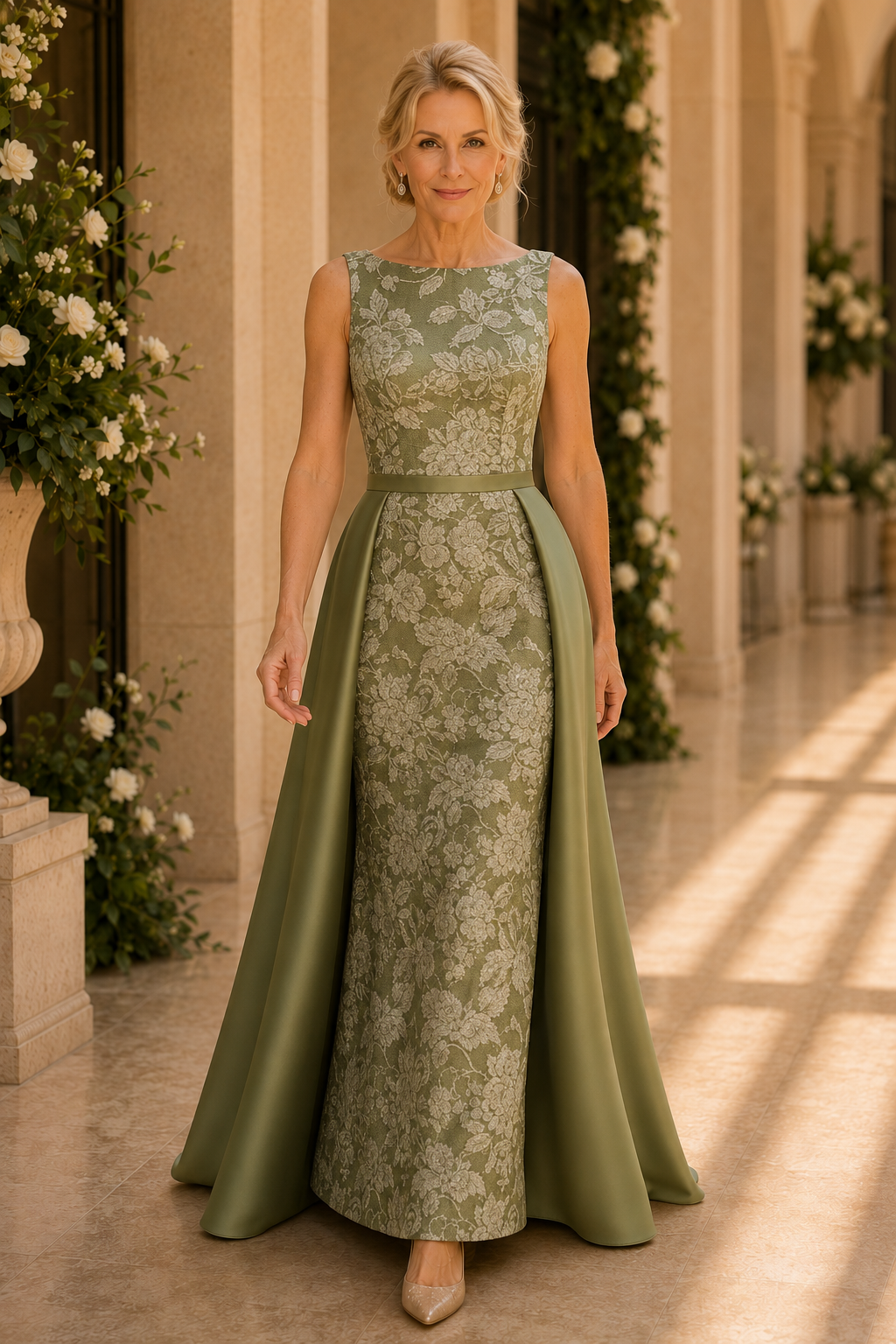 Floral Jacquard Column Gown with Satin Overskirt