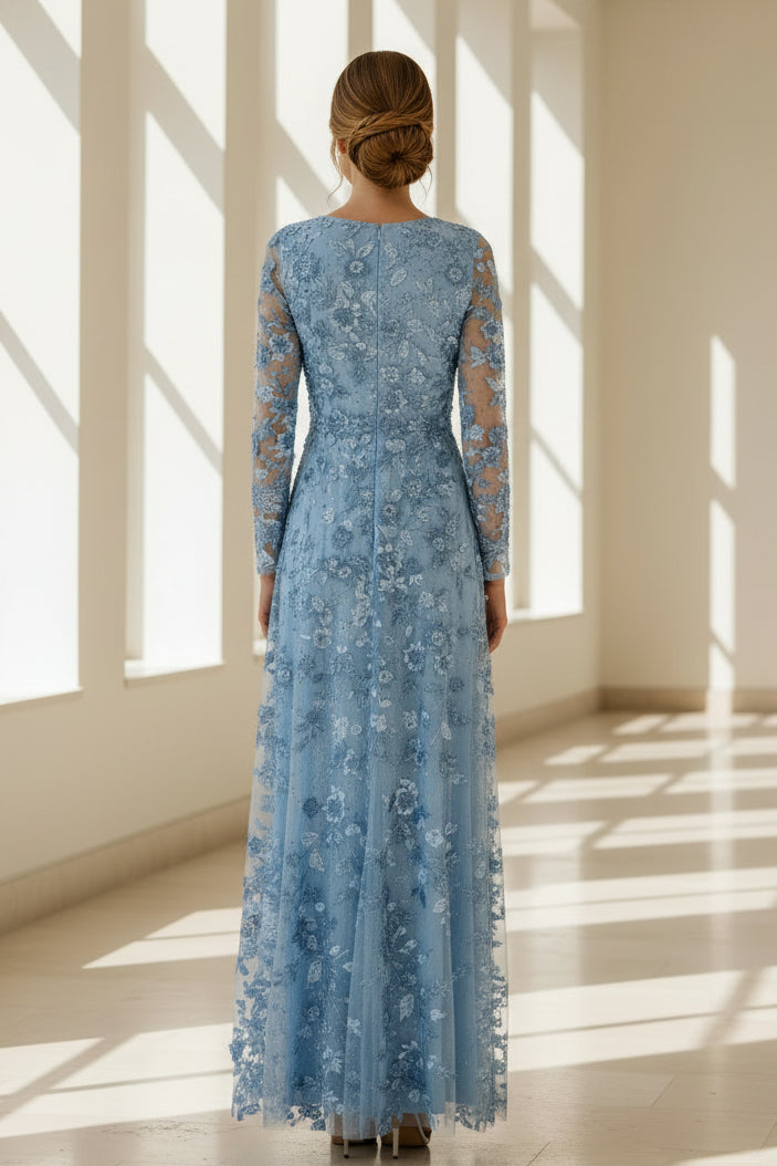 3D Floral Applique Long Sleeve A-Line Gown