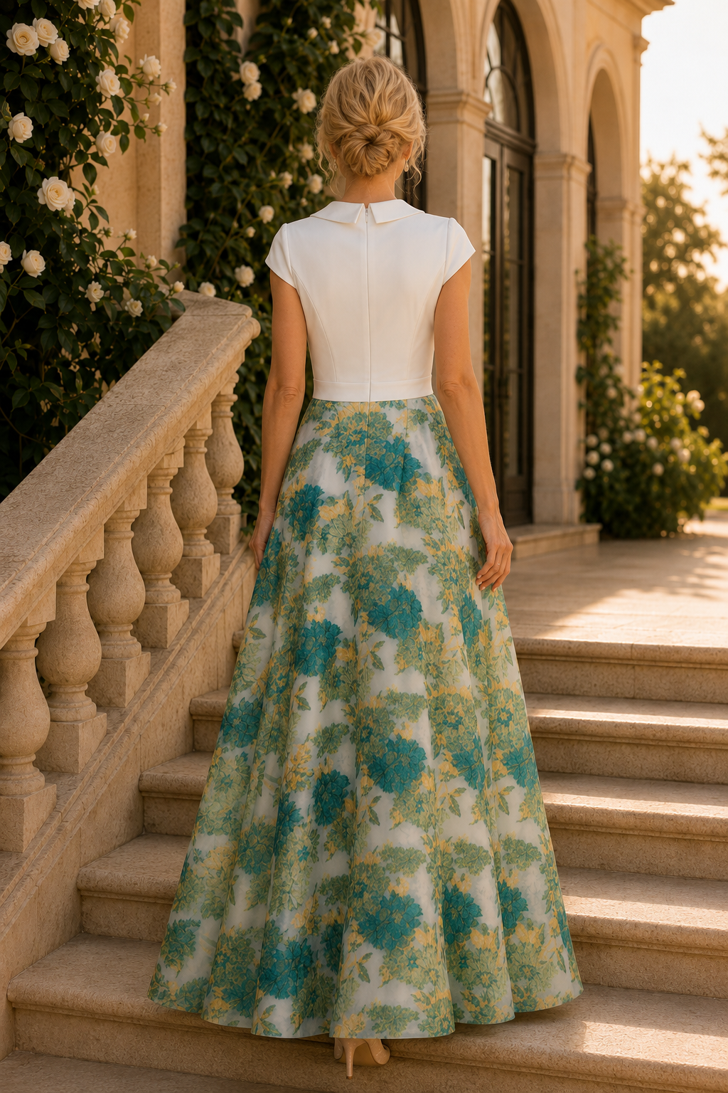 Lapel V-Neck Floral Print A-Line Evening Gown