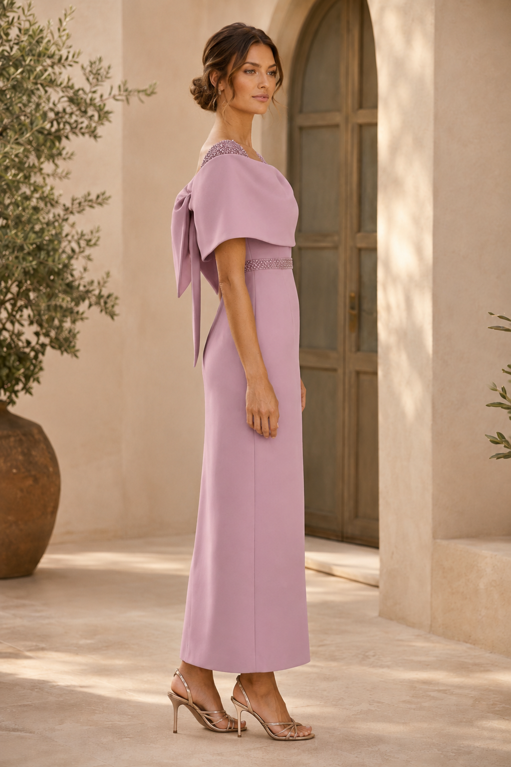 Bow Back Column Dress with Beaded Waistband