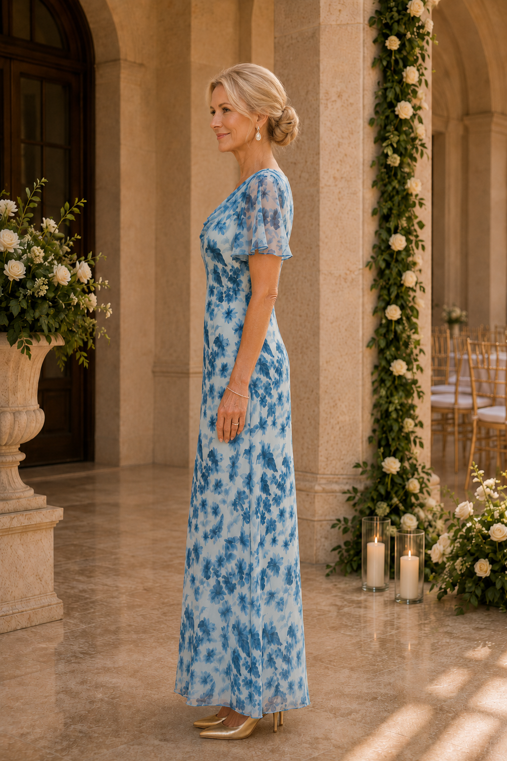 Floral Print Cowl Neck Flutter Sleeve Maxi Dress