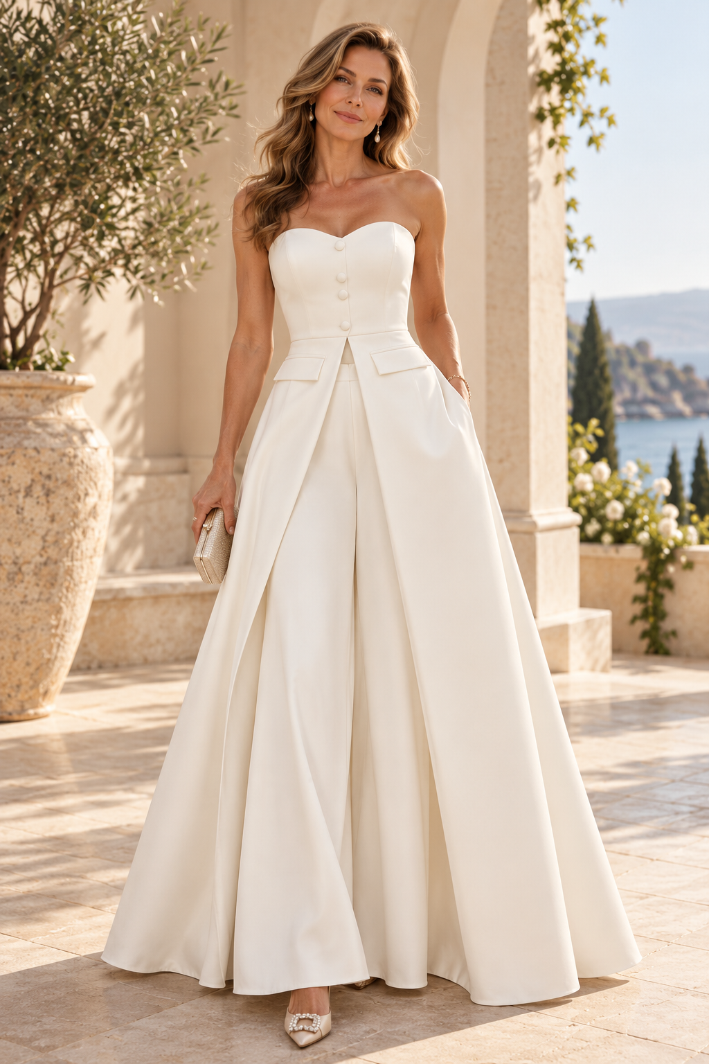 Strapless Wide-Leg Jumpsuit with Overskirt