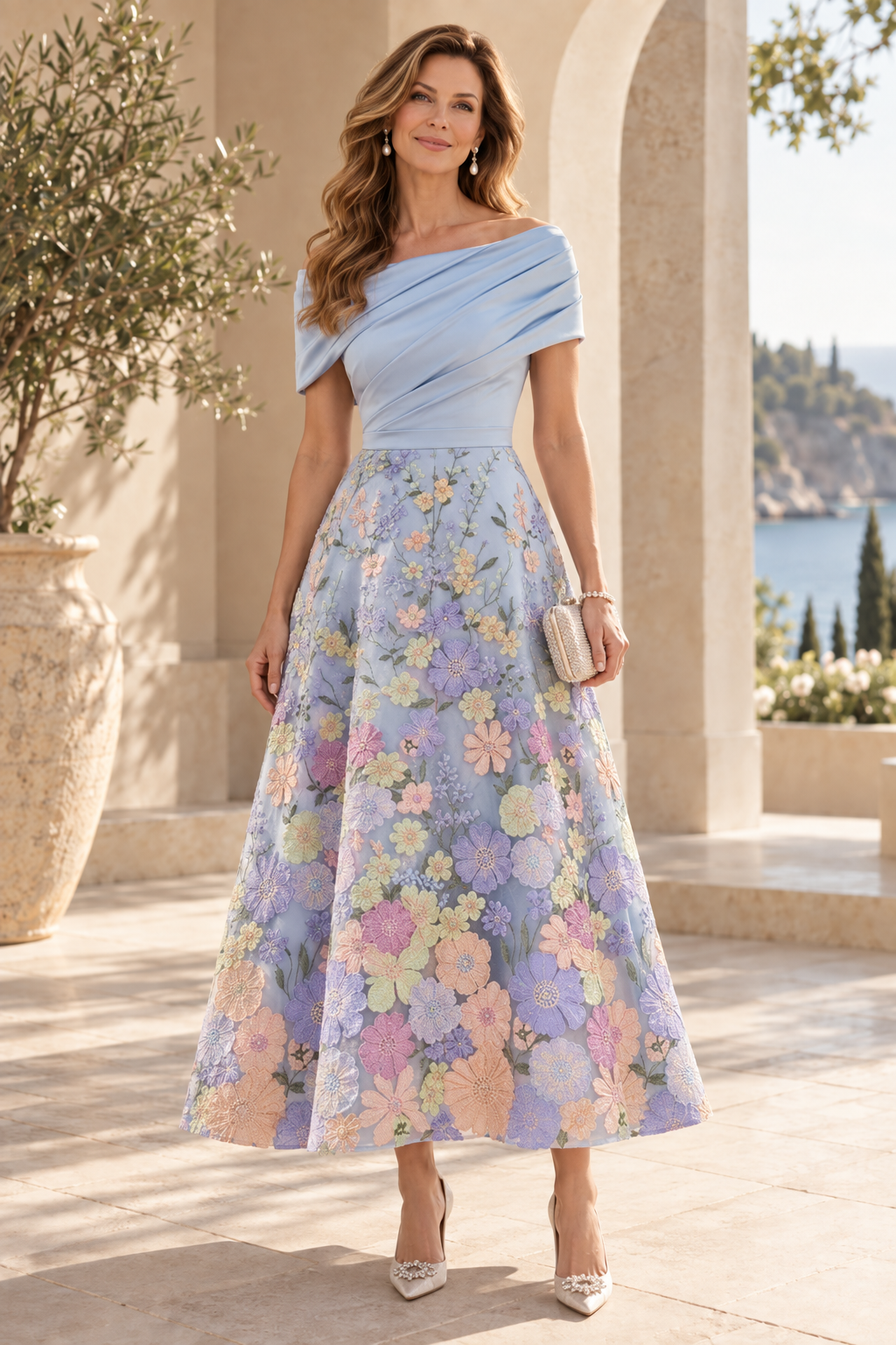 Floral Embroidered Off-the-Shoulder Midi Dress