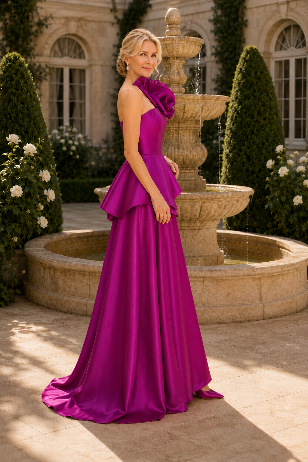 One-Shoulder Floral Peplum A-Line Gown