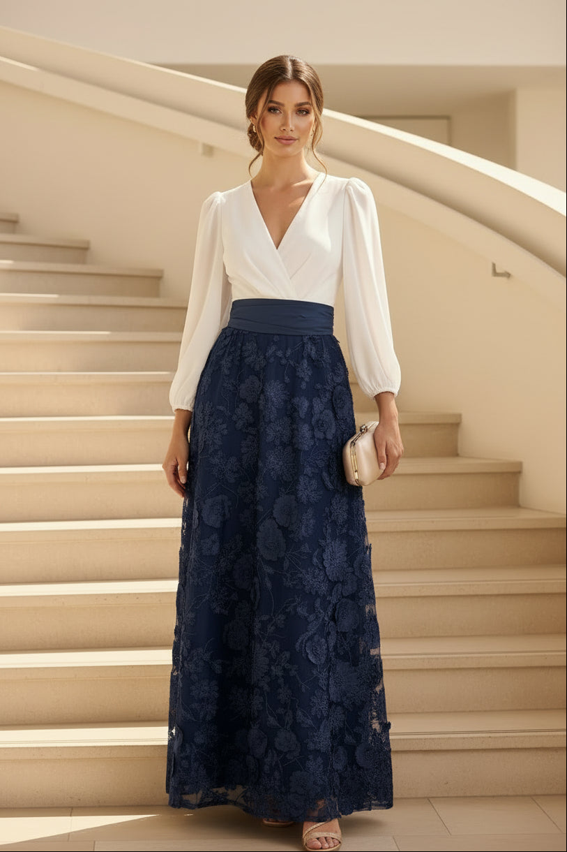 Long Sleeve V-Neck 3D Floral Maxi Evening Dress