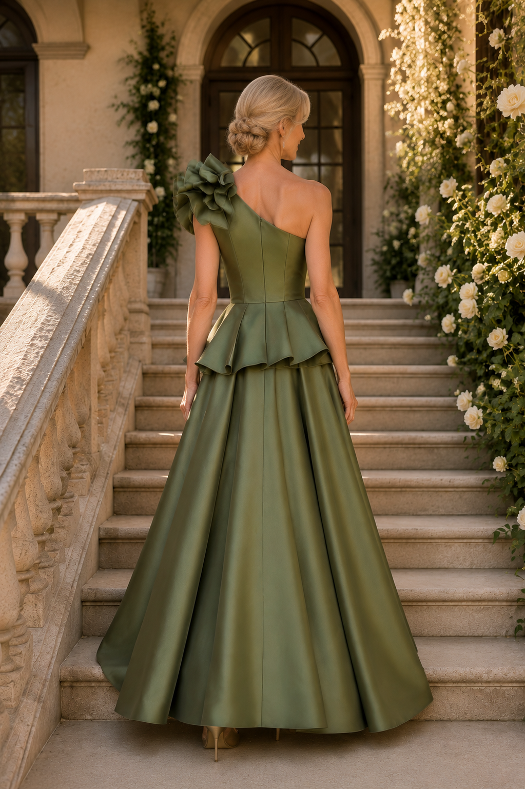 One-Shoulder Peplum A-Line Satin Gown