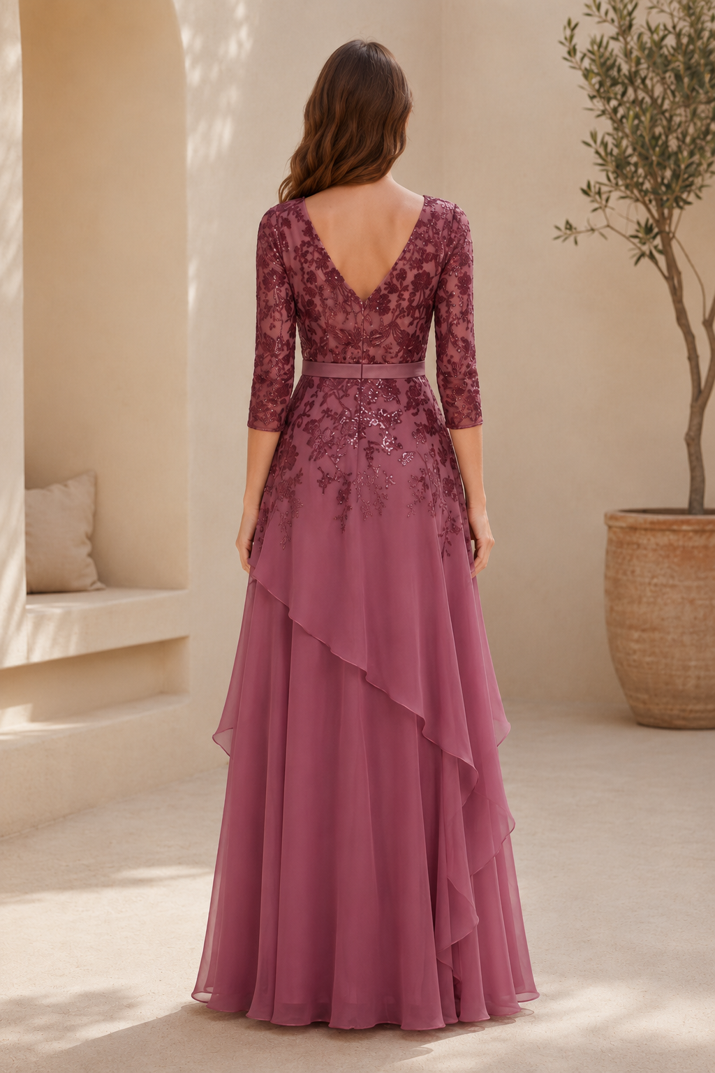 Sequin Bodice Cascading Chiffon Evening Gown