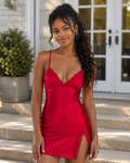 Satin Lace-Trim Lace-Up Mini Slip Dress