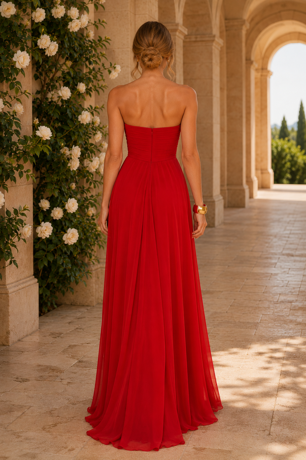 Strapless Draped Chiffon Gown with 3D Floral Bodice