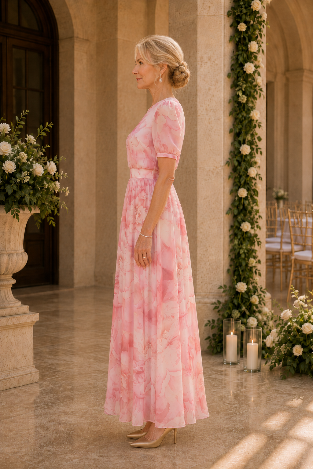 Floral Print A-Line Maxi Dress with Puff Sleeves