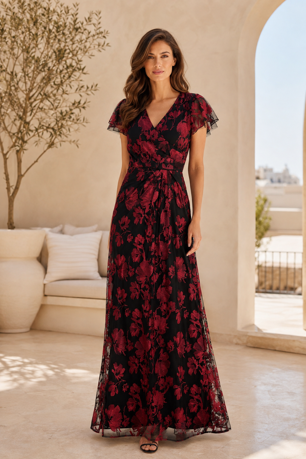 Floral Print Flutter Sleeve V-Neck Maxi Evening Dress