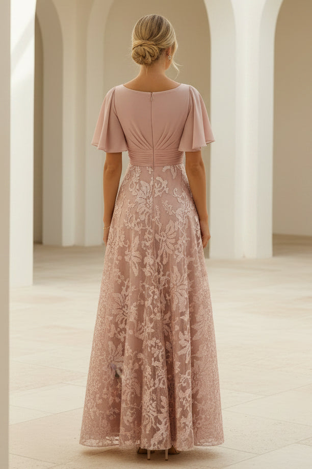 Flutter Sleeve V-Neck Lace A-Line Maxi Formal Dress