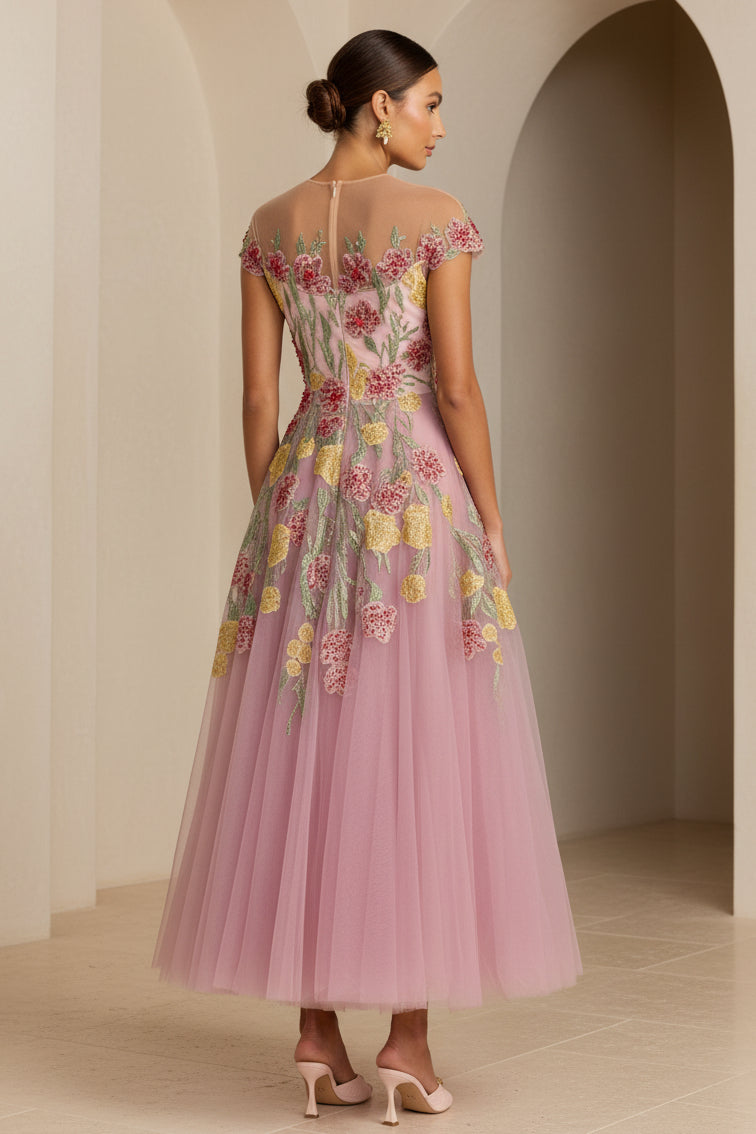 Floral Embroidered A-Line Tulle Midi Dress