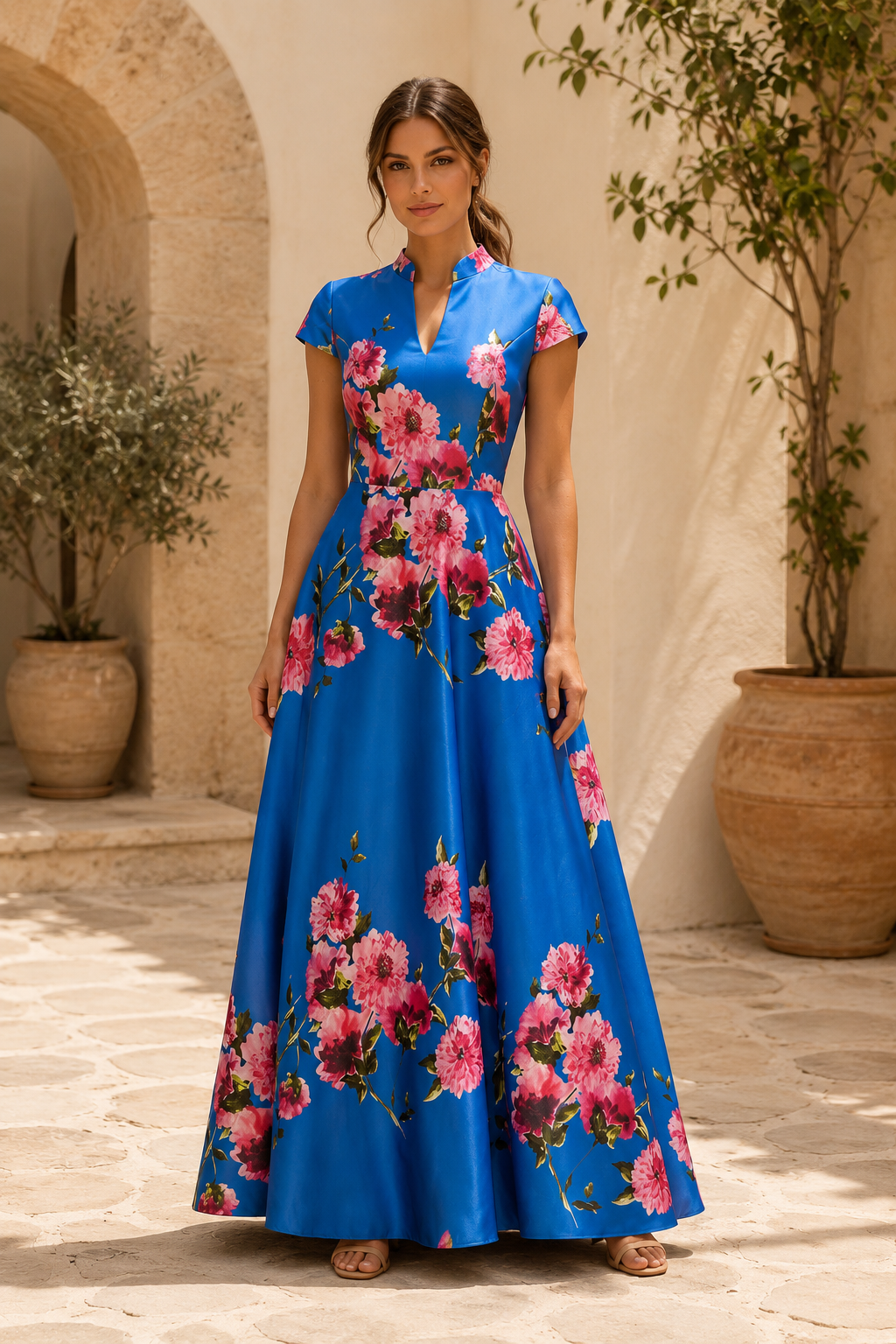 Floral Print Satin A-Line Maxi Dress with Cap Sleeves