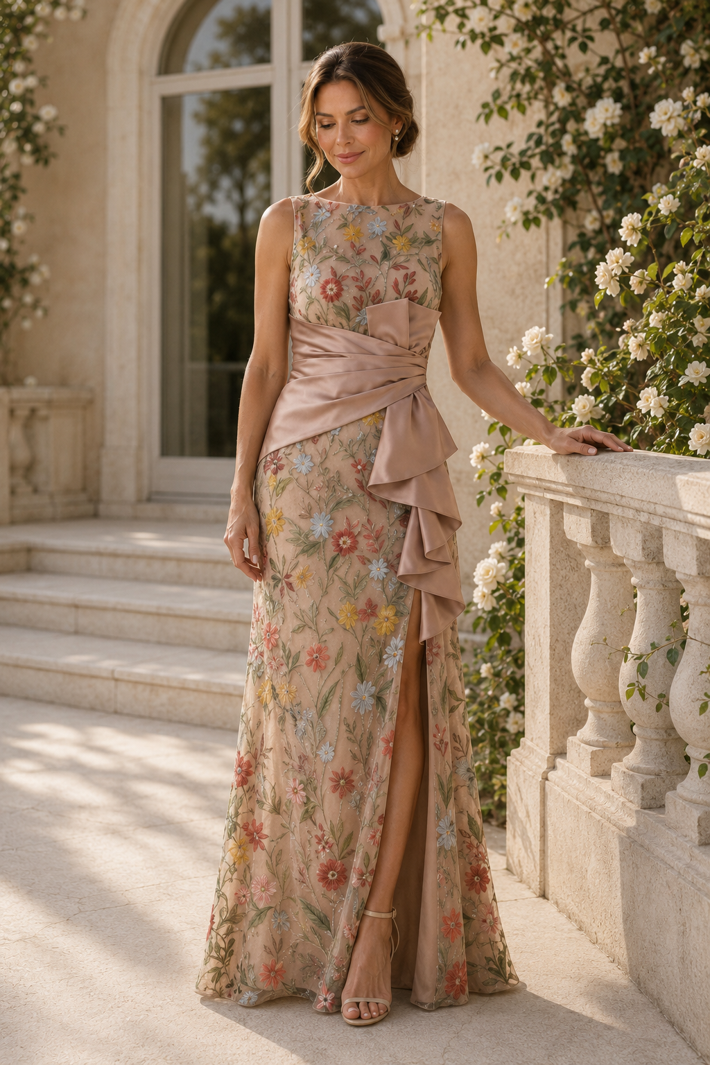 Embroidered Floral Sleeveless Gown with Ruffled Sash