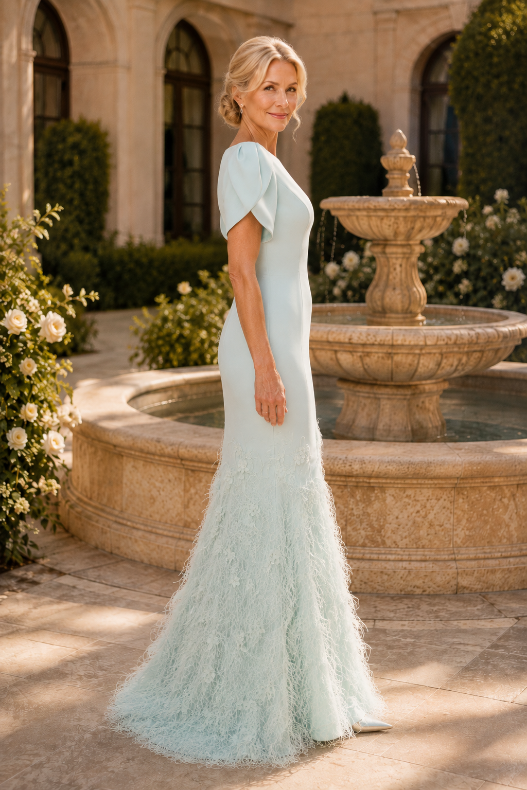 Flutter Sleeve Mermaid Gown with Feather Skirt