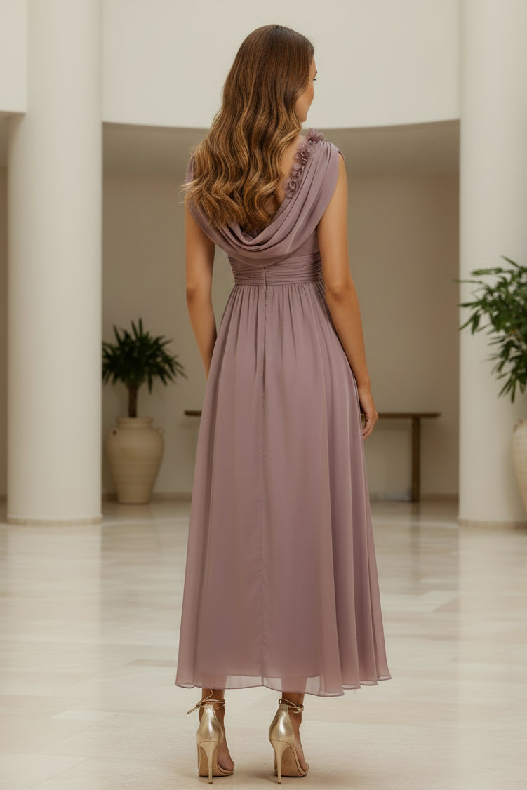 Draped Cowl Neck Midi Dress with 3D Flower