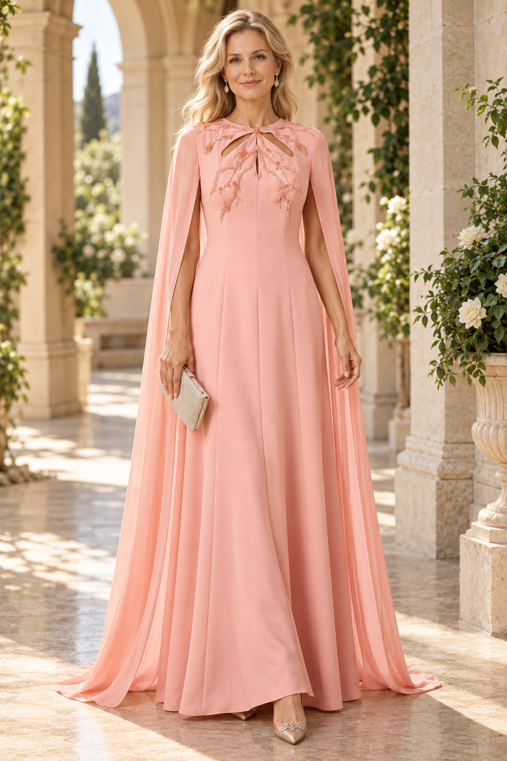 Cape Sleeve Cut-Out Evening Gown with Beading