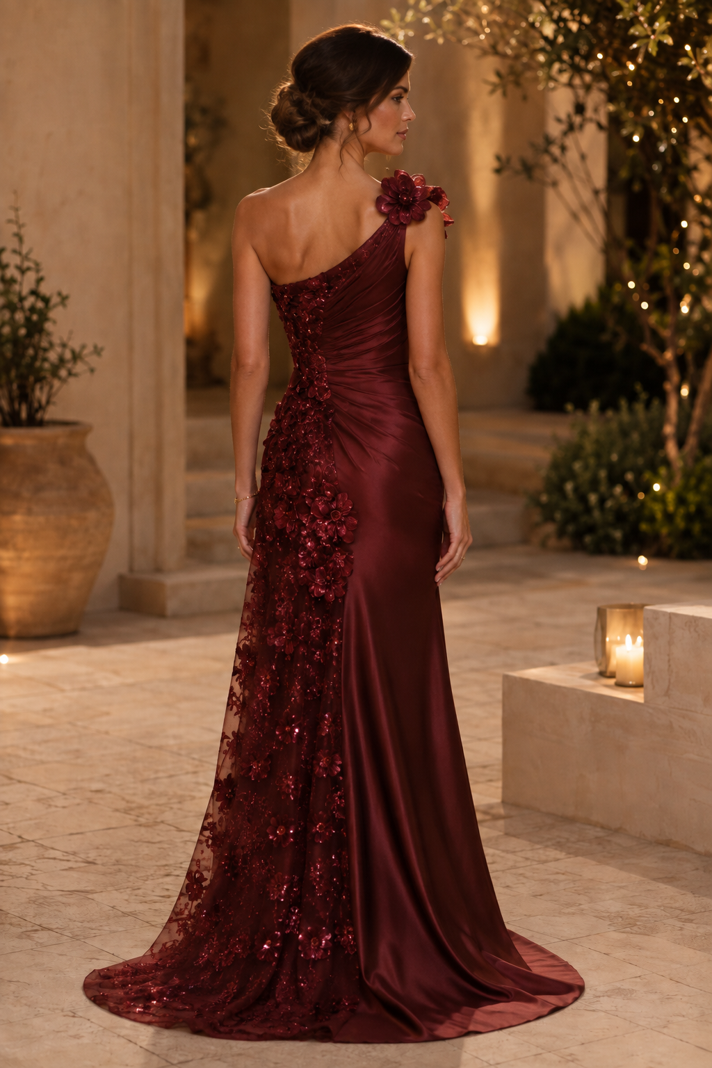 One-Shoulder Floral Applique Satin Gown