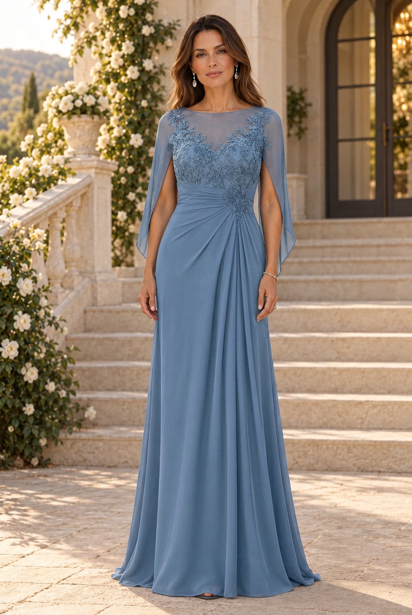 Illusion Neckline Cape Evening Gown with Appliques