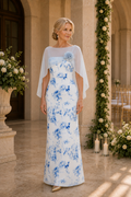 Floral Column Gown with Sheer Capelet