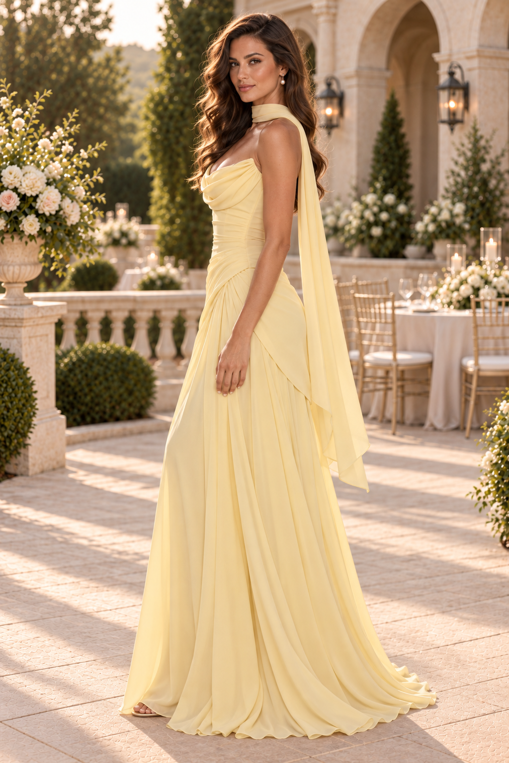 Cowl Neck Ruched Bodice Gown with Scarf