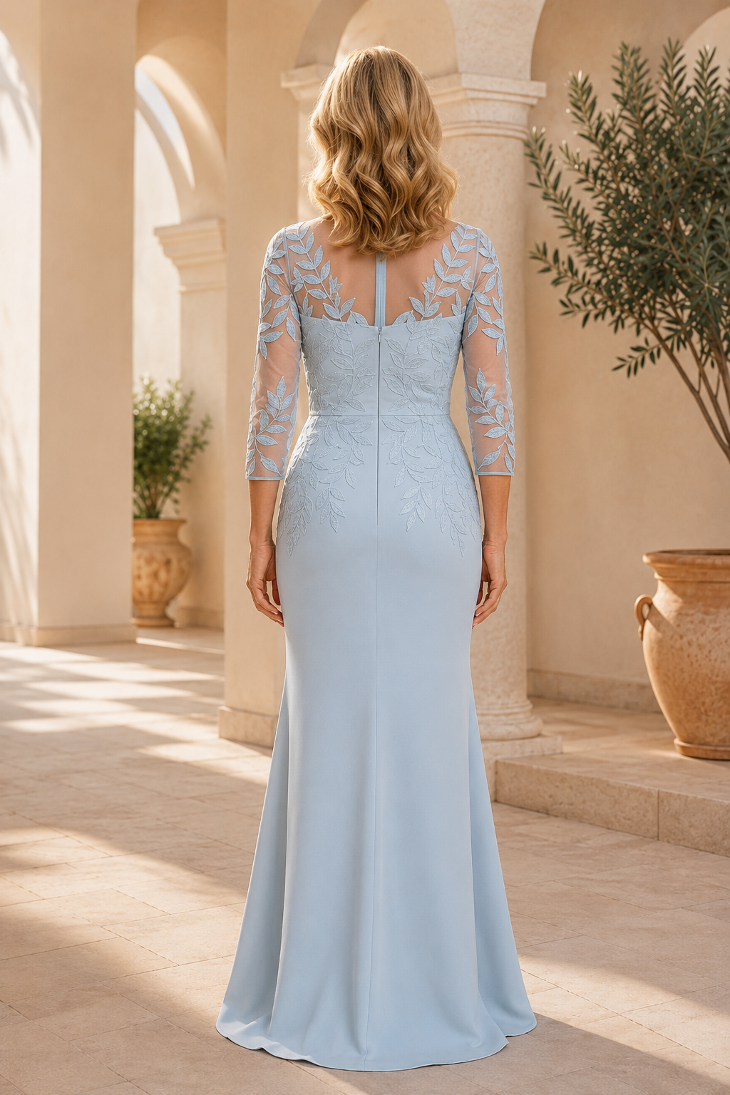 Embroidered Illusion 3/4 Sleeve Trumpet Gown