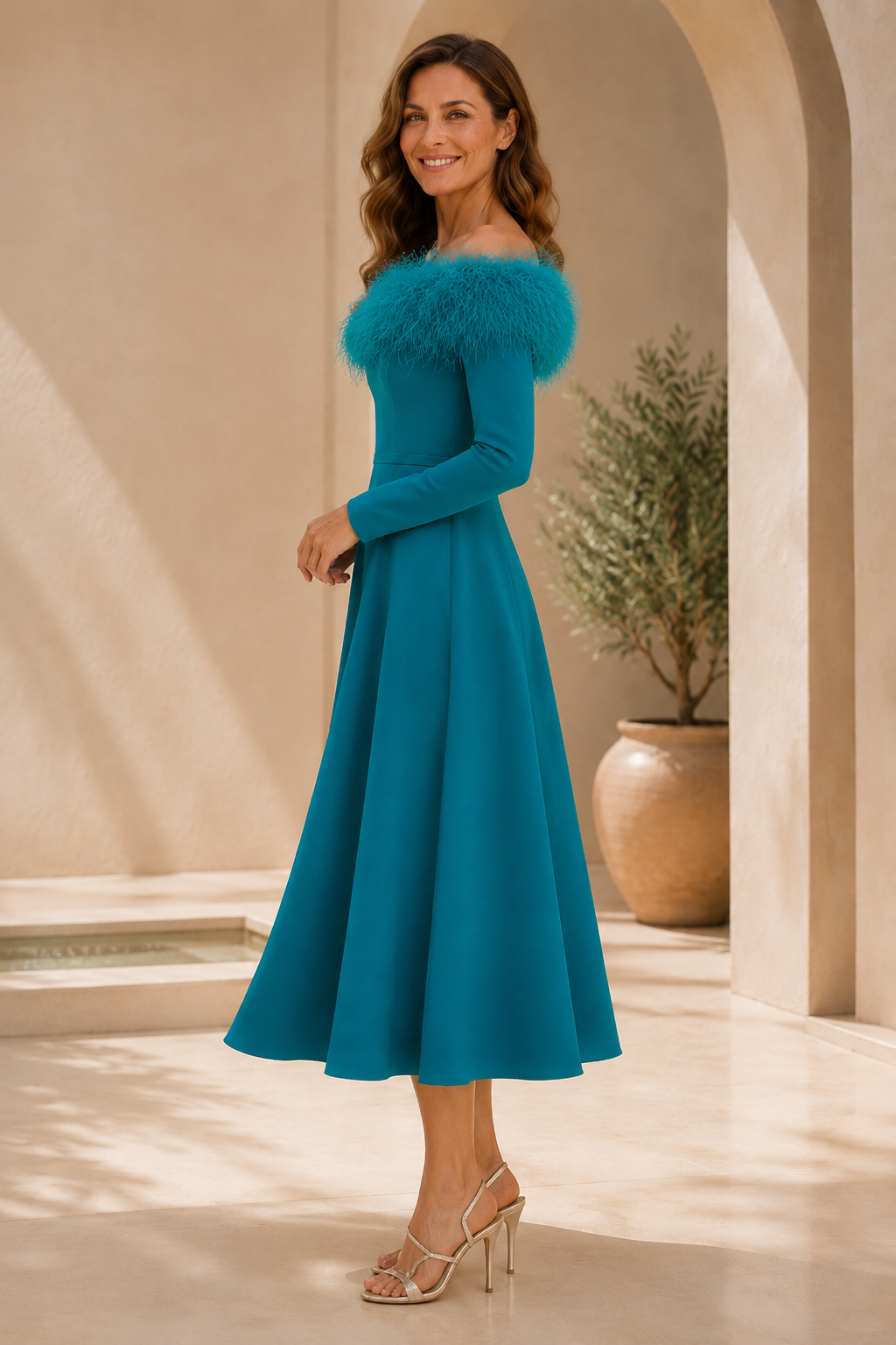 Feather Off-the-Shoulder Long Sleeve Midi Dress