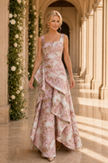 Floral Jacquard Gown with Cascading Side Ruffle