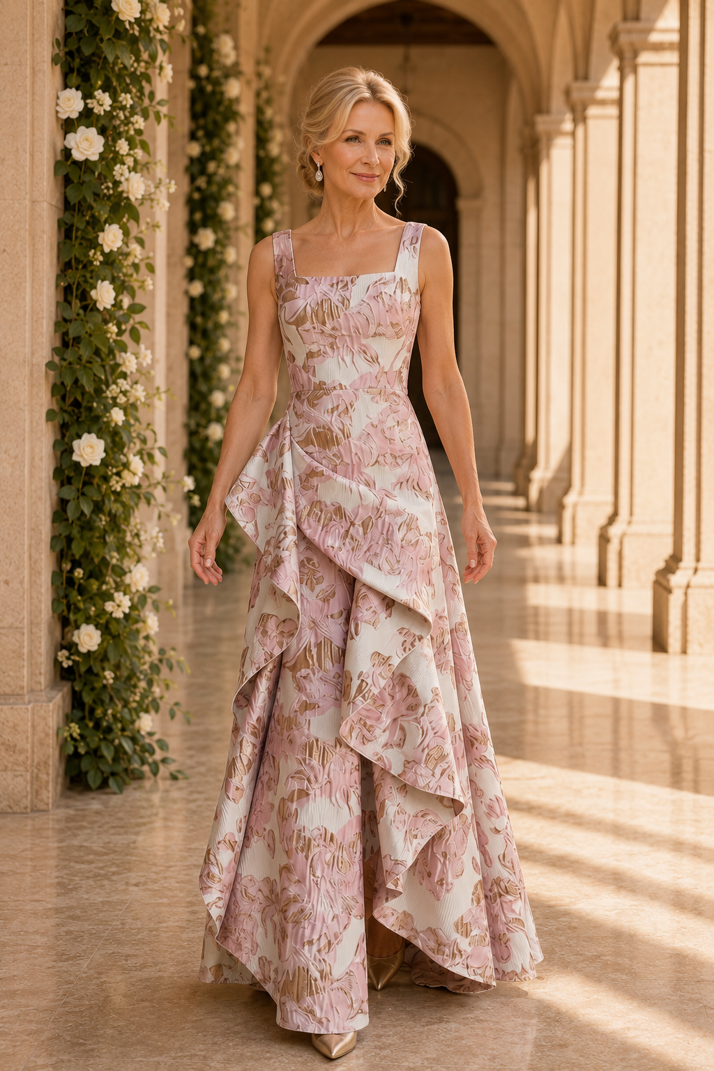 Floral Jacquard Gown with Cascading Side Ruffle