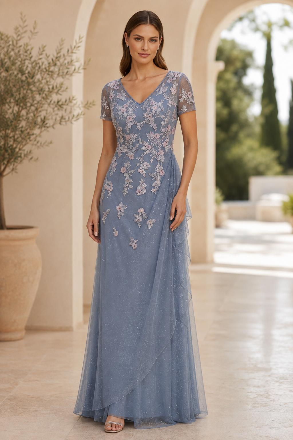 Embroidered Floral Glitter A-Line Evening Gown