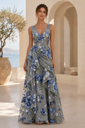 Floral Embroidered V-Neck Draped A-Line Gown