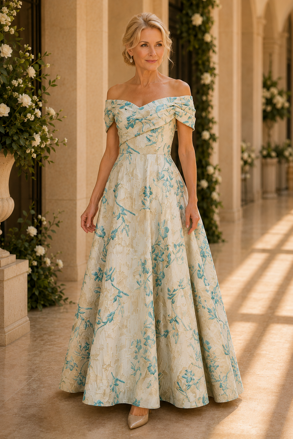 Floral Jacquard Off-the-Shoulder A-Line Gown