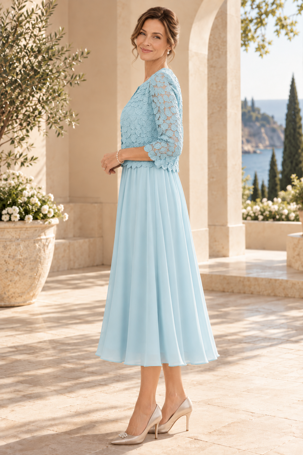 Pleated Tea-Length Dress with Lace Jacket