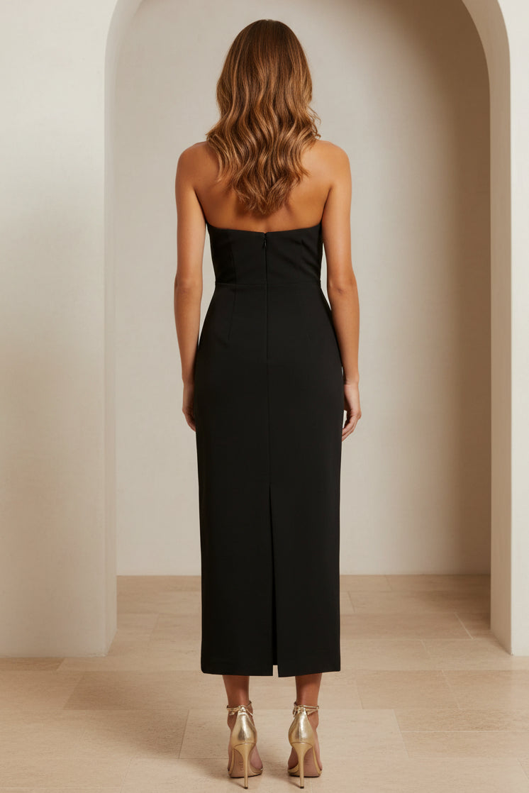 Strapless 3D Floral Applique Sheath Midi Dress
