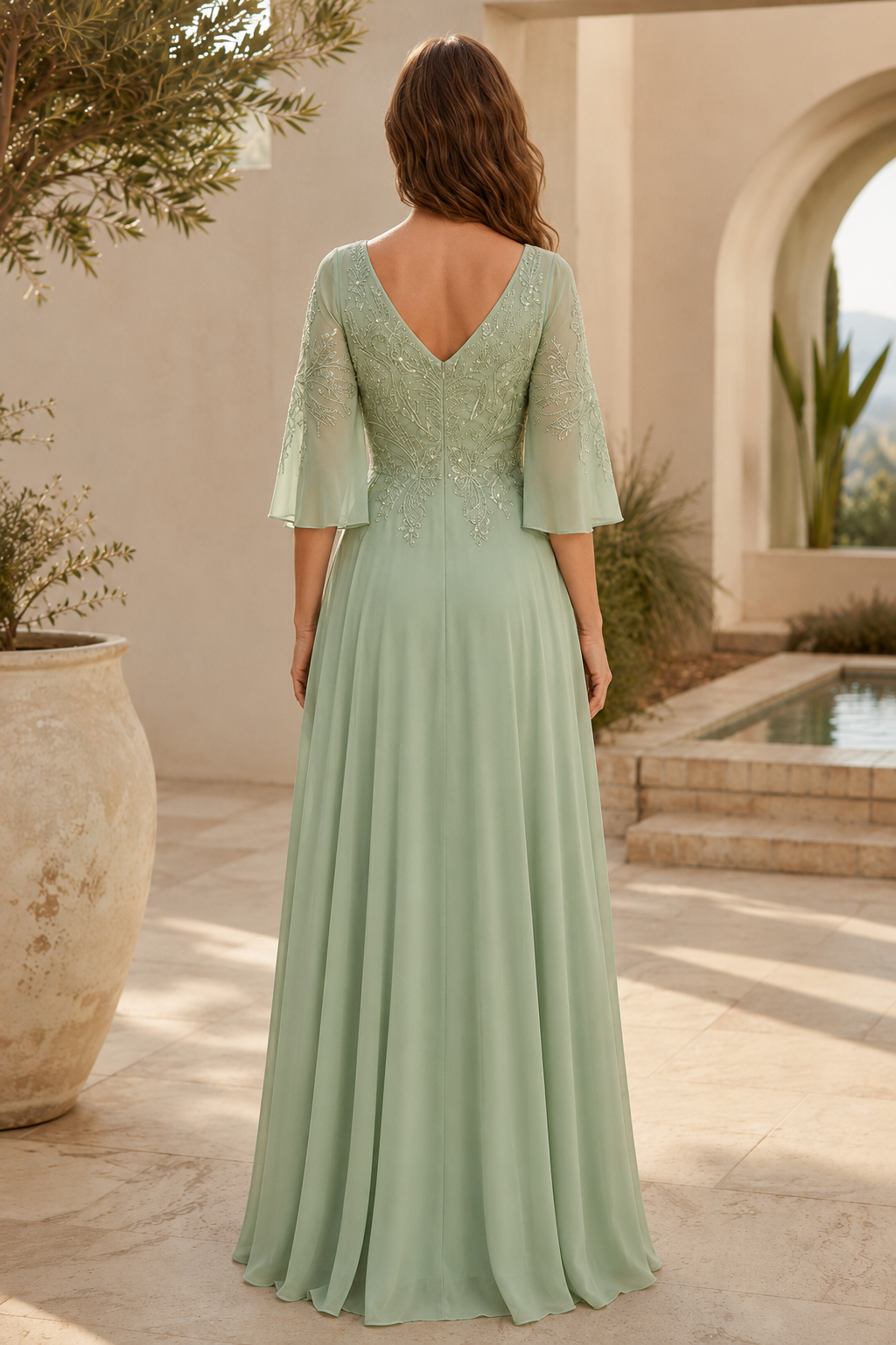 Embroidered A-Line Gown with Flutter Sleeves
