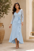 Lace Sleeve Wrap V-Neck High-Low Formal Dress