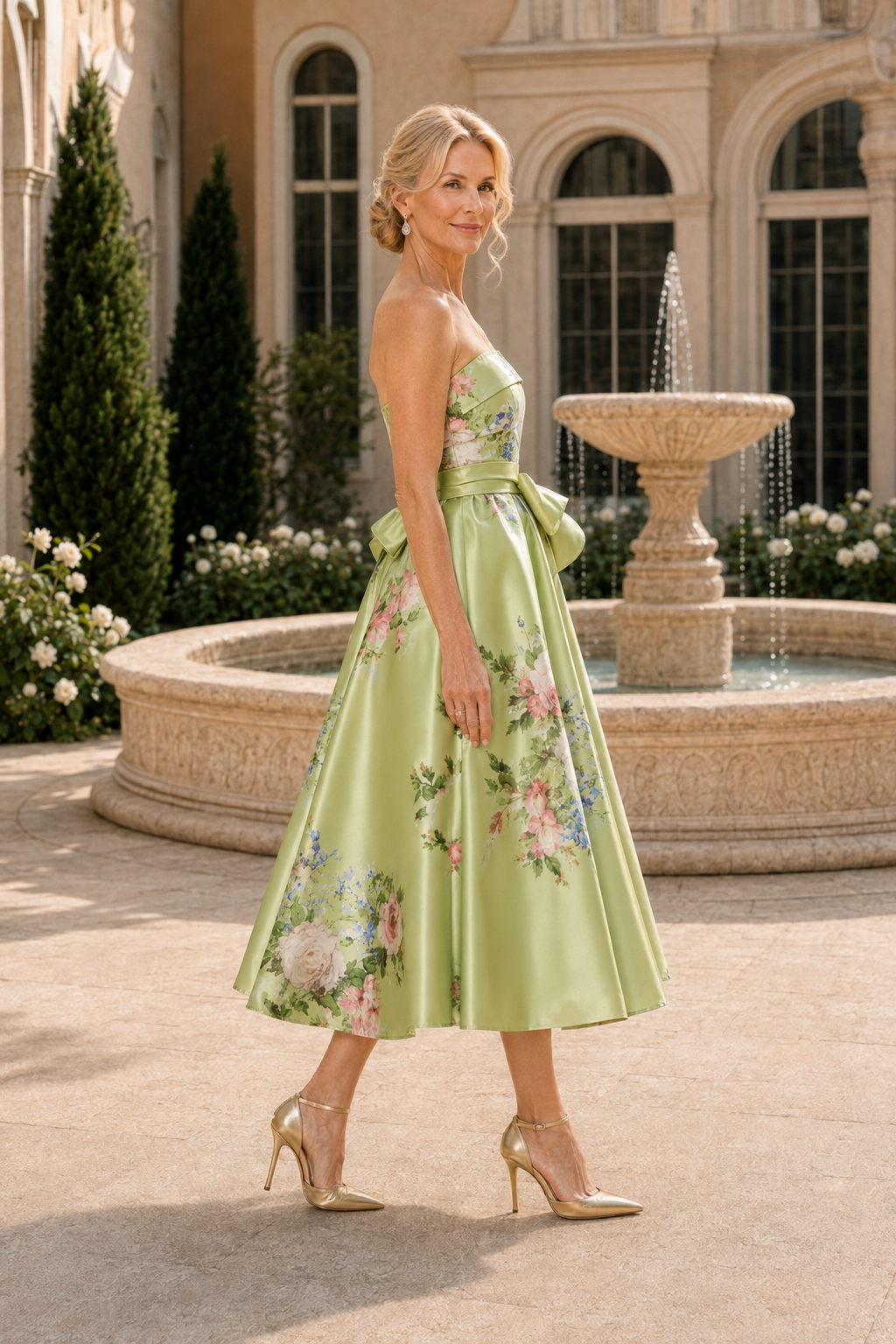 Strapless Floral Satin Tea-Length Dress