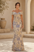 Off-the-Shoulder Pleated Floral Trumpet Gown