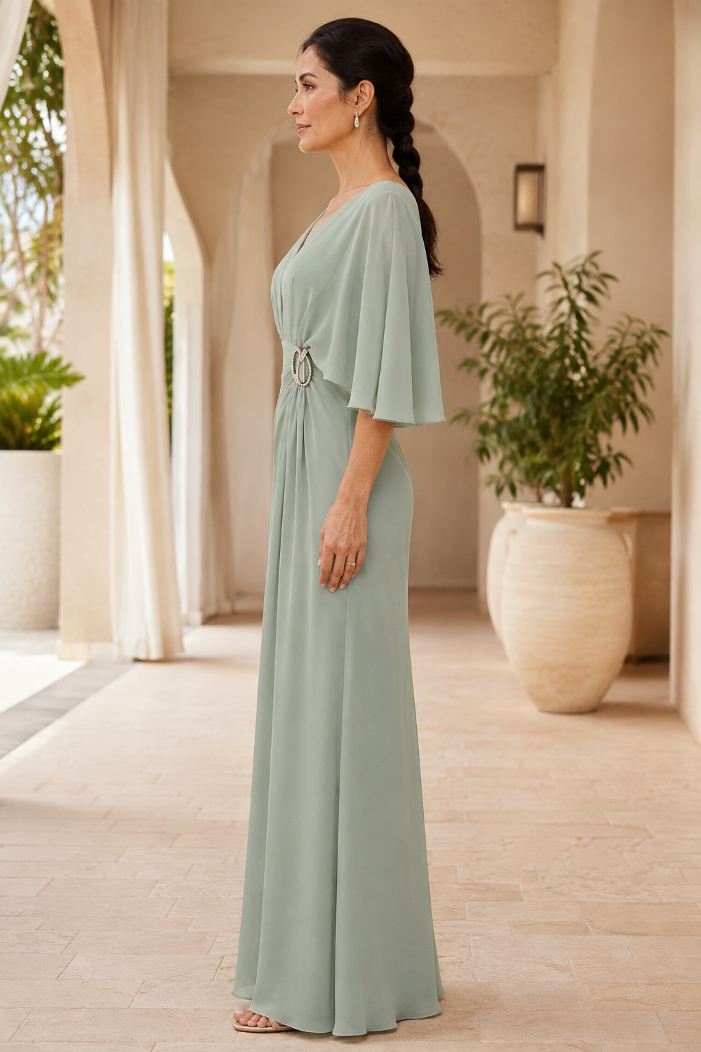 Flutter Cape Sleeve Evening Gown with Rhinestone Buckle